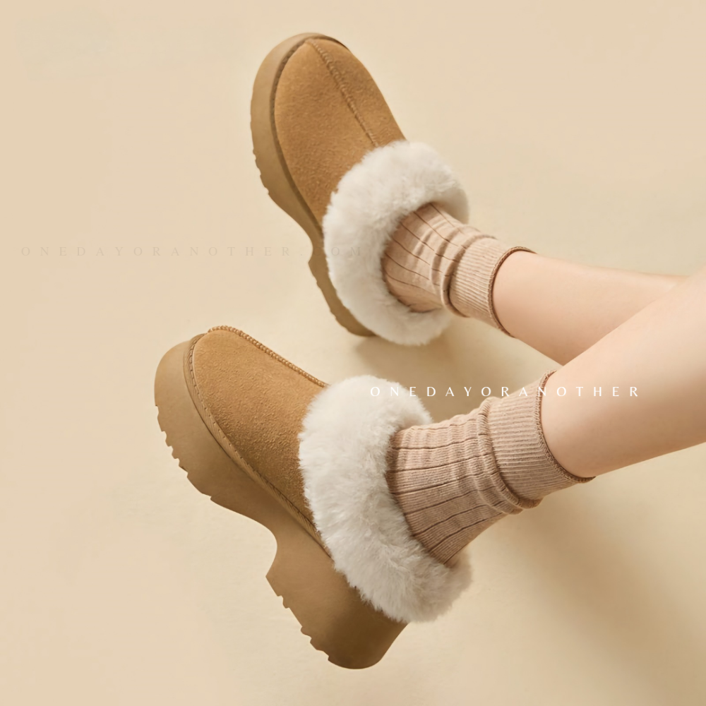 韓國東大門 人魚坡跟厚底雪靴拖鞋 毛絨拖鞋 厚底拖鞋 毛絨拖鞋 雪靴拖鞋 內刷毛 羊羔毛 半拖 保暖拖鞋 羔毛拖1105-細節圖8