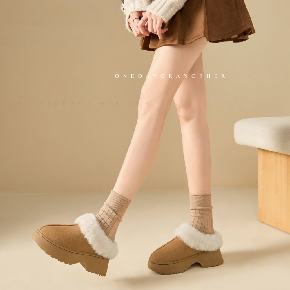 韓國東大門 人魚坡跟厚底雪靴拖鞋 毛絨拖鞋 厚底拖鞋 毛絨拖鞋 雪靴拖鞋 內刷毛 羊羔毛 半拖 保暖拖鞋 羔毛拖1105-細節圖9