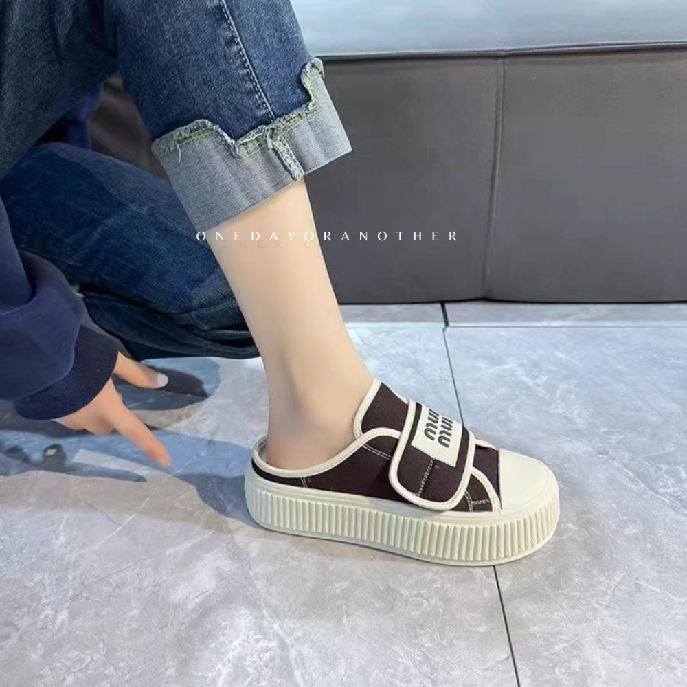 大牌感魔術貼穆勒鞋 帆布懶人鞋 半拖鞋 穆勒鞋 懶人鞋 前包後空 帆布鞋 餅乾鞋 休閒鞋 包頭半拖鞋 女鞋 303-細節圖3