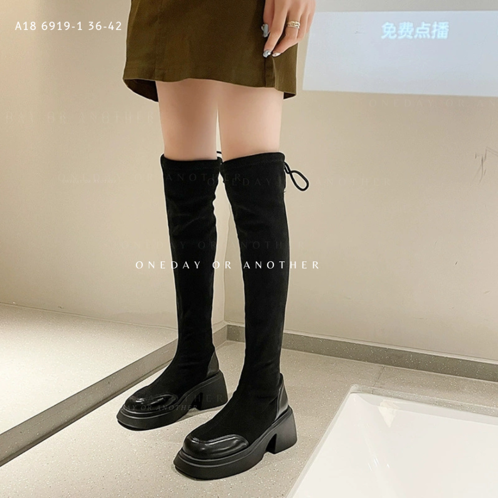 大尺碼36-42 貼腿顯瘦素面絨布高跟膝上靴 顯瘦顯腿直 襪套靴 長靴 長筒靴 綁帶長靴 過膝靴 高筒靴 6919-1-細節圖2