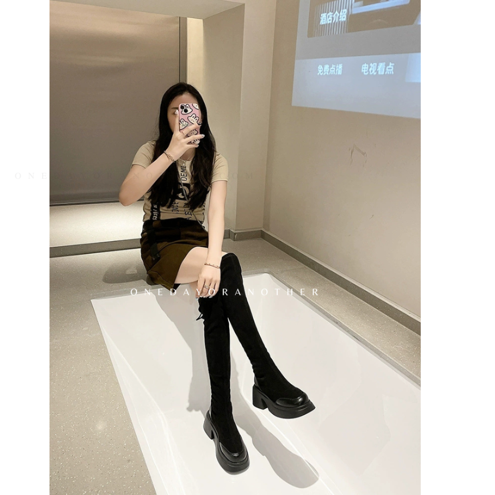 大尺碼36-42 貼腿顯瘦素面絨布高跟膝上靴 顯瘦顯腿直 襪套靴 長靴 長筒靴 綁帶長靴 過膝靴 高筒靴 6919-1-細節圖3