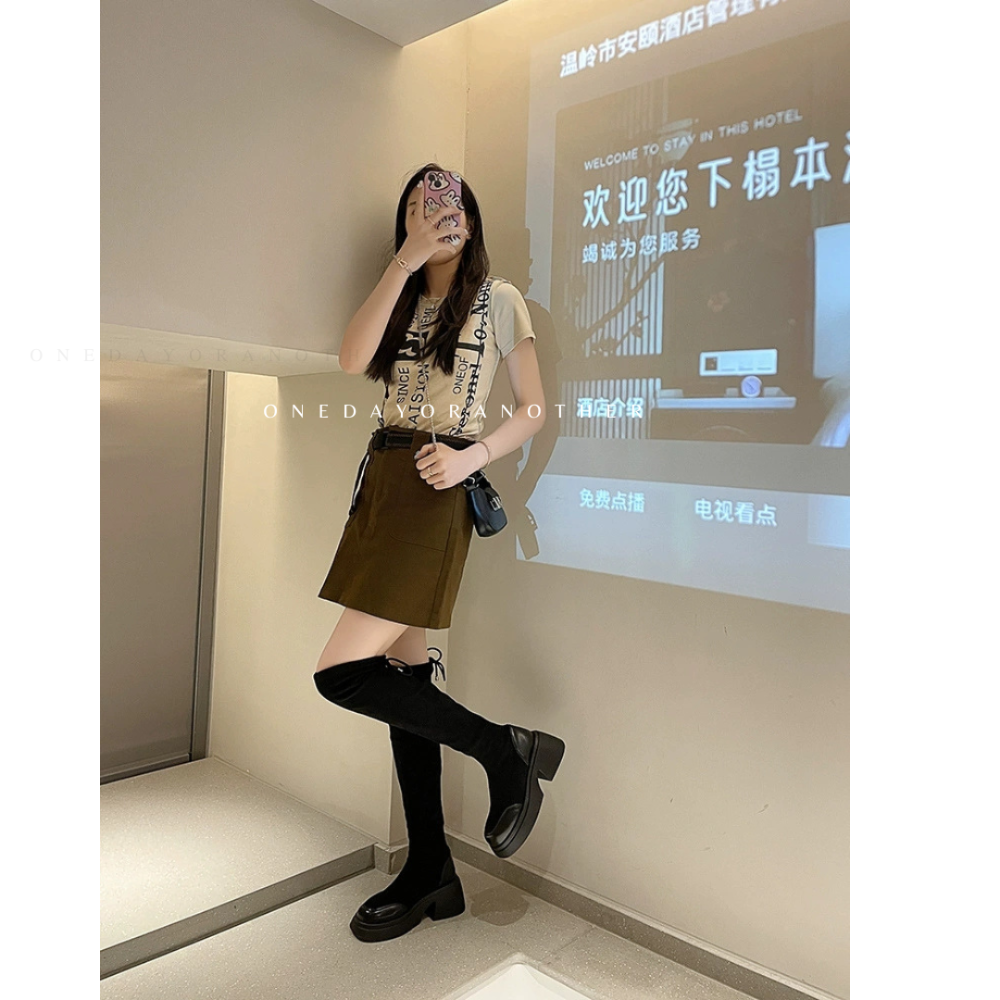 大尺碼36-42 貼腿顯瘦素面絨布高跟膝上靴 顯瘦顯腿直 襪套靴 長靴 長筒靴 綁帶長靴 過膝靴 高筒靴 6919-1-細節圖4