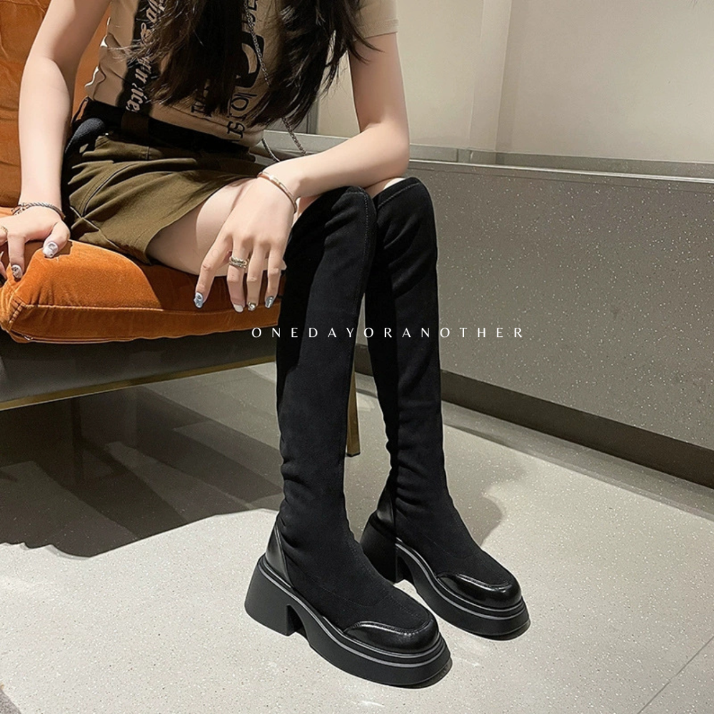 大尺碼36-42 貼腿顯瘦素面絨布高跟膝上靴 顯瘦顯腿直 襪套靴 長靴 長筒靴 綁帶長靴 過膝靴 高筒靴 6919-1-細節圖6
