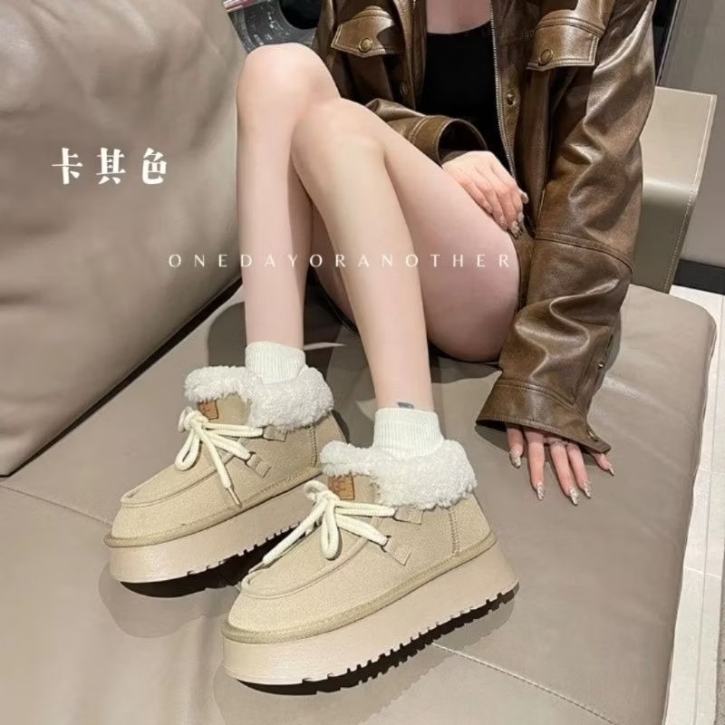 韓版麂皮拼接絨毛繫帶厚底短靴 保暖加絨加厚雪地靴 厚底鬆糕雪地靴 保暖棉鞋 毛毛靴 復古英倫風 厚底瘦瘦小短靴-細節圖2