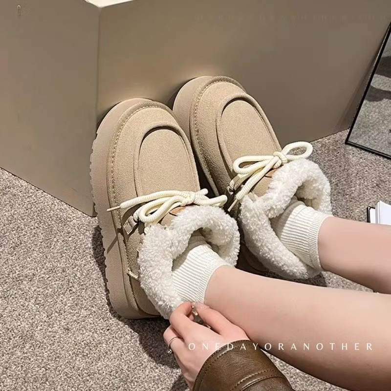 韓版麂皮拼接絨毛繫帶厚底短靴 保暖加絨加厚雪地靴 厚底鬆糕雪地靴 保暖棉鞋 毛毛靴 復古英倫風 厚底瘦瘦小短靴-細節圖3