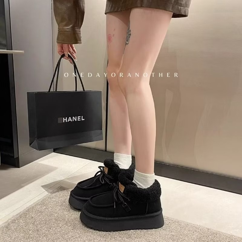 韓版麂皮拼接絨毛繫帶厚底短靴 保暖加絨加厚雪地靴 厚底鬆糕雪地靴 保暖棉鞋 毛毛靴 復古英倫風 厚底瘦瘦小短靴-細節圖4