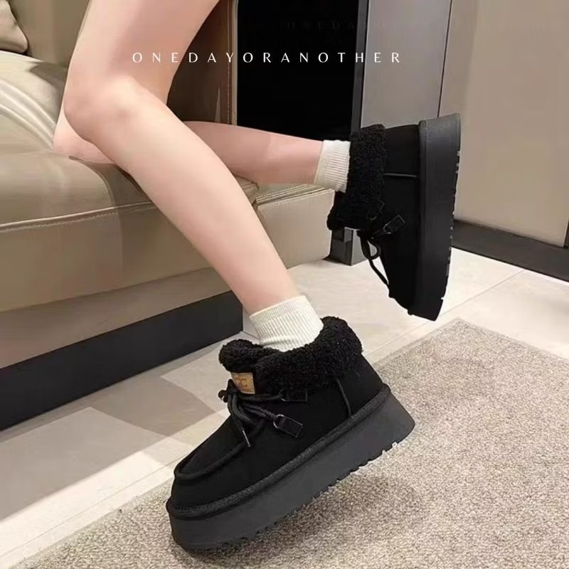 韓版麂皮拼接絨毛繫帶厚底短靴 保暖加絨加厚雪地靴 厚底鬆糕雪地靴 保暖棉鞋 毛毛靴 復古英倫風 厚底瘦瘦小短靴-細節圖5