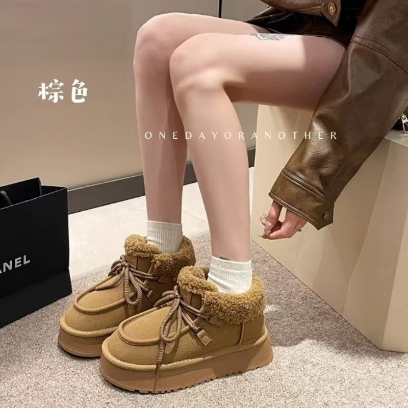 韓版麂皮拼接絨毛繫帶厚底短靴 保暖加絨加厚雪地靴 厚底鬆糕雪地靴 保暖棉鞋 毛毛靴 復古英倫風 厚底瘦瘦小短靴-細節圖6
