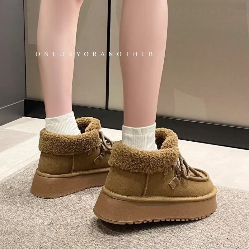韓版麂皮拼接絨毛繫帶厚底短靴 保暖加絨加厚雪地靴 厚底鬆糕雪地靴 保暖棉鞋 毛毛靴 復古英倫風 厚底瘦瘦小短靴-細節圖7