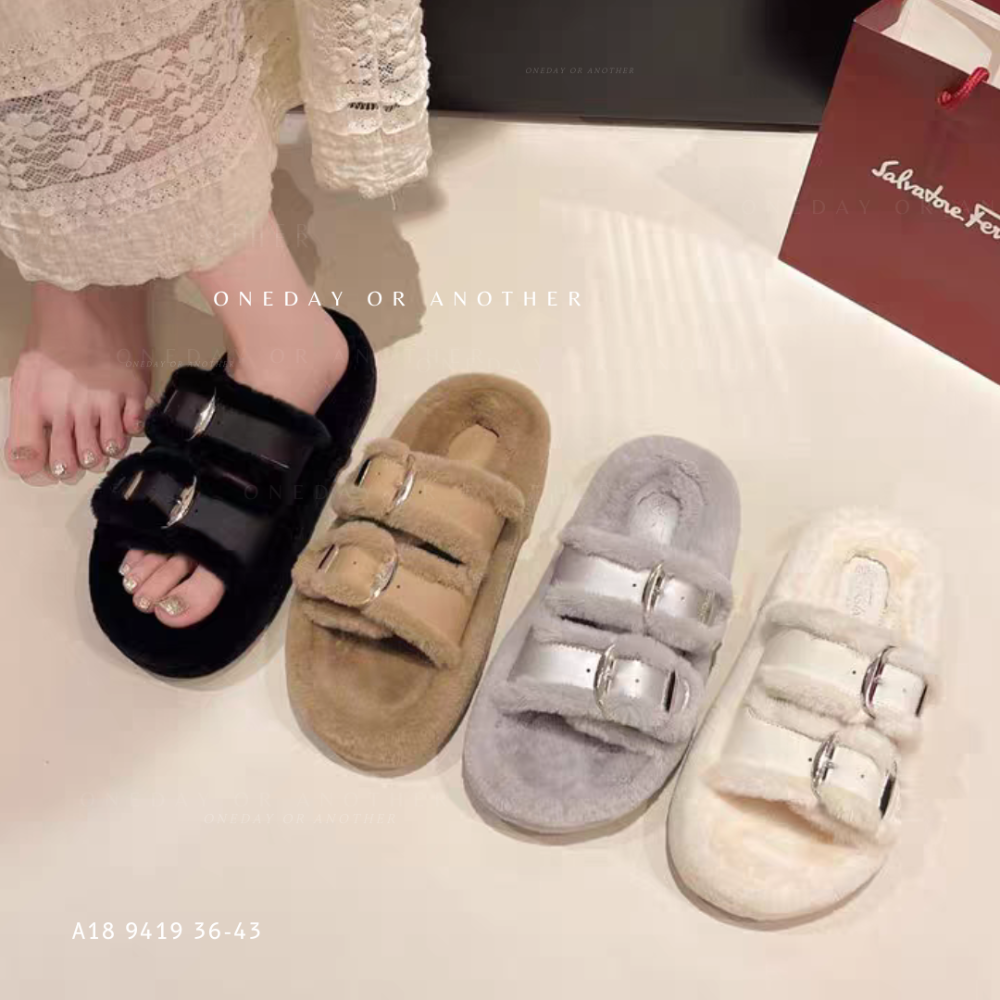 大尺碼43 韓國東大門 厚底毛毛拖鞋 毛毛拖 厚底拖 雙帶 金屬扣 毛絨拖鞋 保暖拖鞋 居家拖鞋 舒適好穿 外穿拖鞋-細節圖2