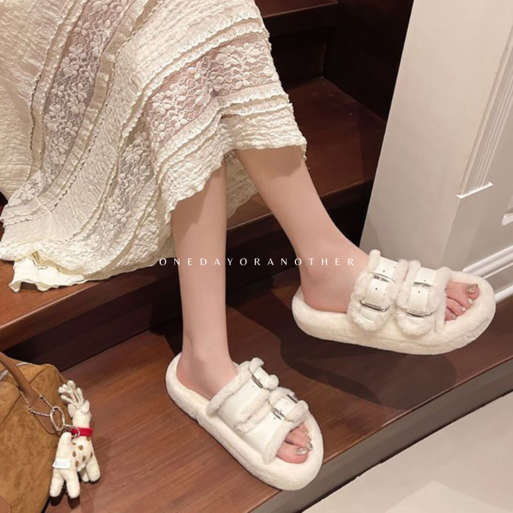 大尺碼43 韓國東大門 厚底毛毛拖鞋 毛毛拖 厚底拖 雙帶 金屬扣 毛絨拖鞋 保暖拖鞋 居家拖鞋 舒適好穿 外穿拖鞋-細節圖5