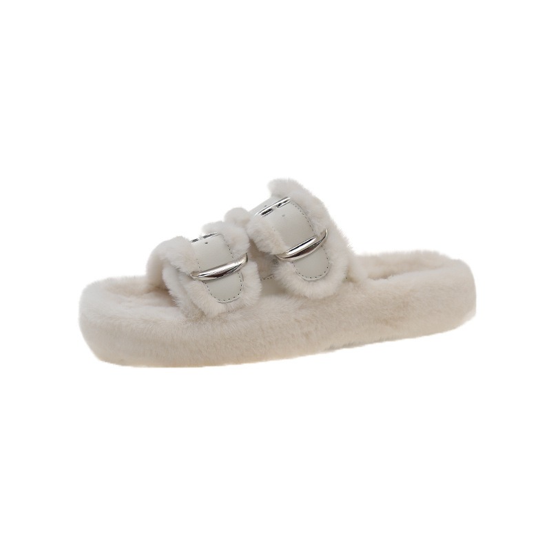 大尺碼43 韓國東大門 厚底毛毛拖鞋 毛毛拖 厚底拖 雙帶 金屬扣 毛絨拖鞋 保暖拖鞋 居家拖鞋 舒適好穿 外穿拖鞋-規格圖9