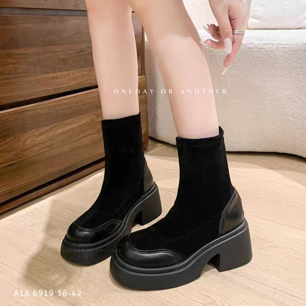 大尺碼36-42 素面絨布拼接皮革粗跟短靴 中筒靴 厚底靴 增高靴 粗跟鞋 騎士靴 馬丁靴 靴子 厚底短靴 6919-細節圖2