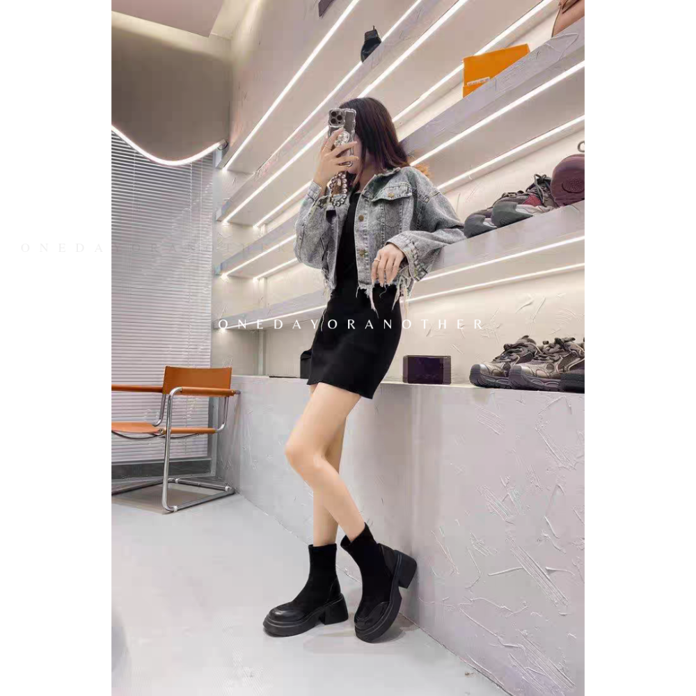 大尺碼36-42 素面絨布拼接皮革粗跟短靴 中筒靴 厚底靴 增高靴 粗跟鞋 騎士靴 馬丁靴 靴子 厚底短靴 6919-細節圖4