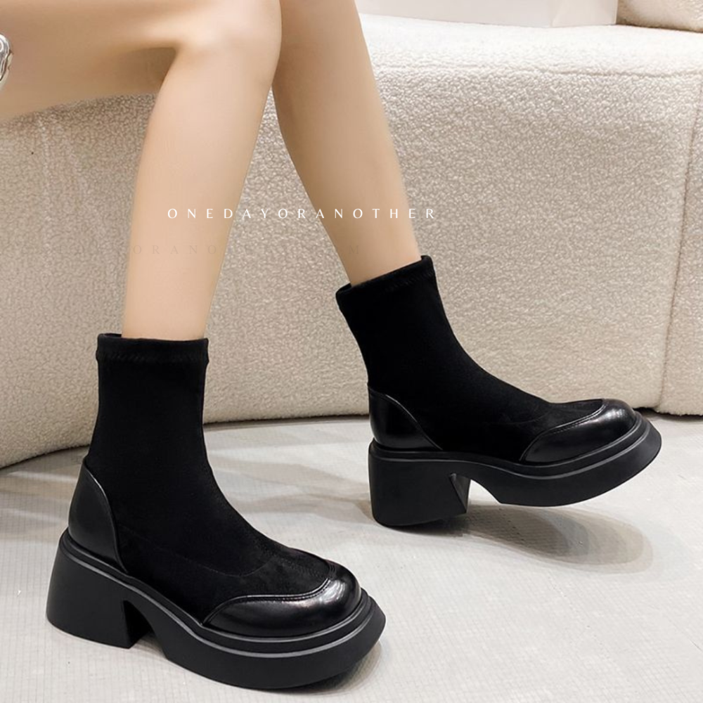 大尺碼36-42 素面絨布拼接皮革粗跟短靴 中筒靴 厚底靴 增高靴 粗跟鞋 騎士靴 馬丁靴 靴子 厚底短靴 6919-細節圖7