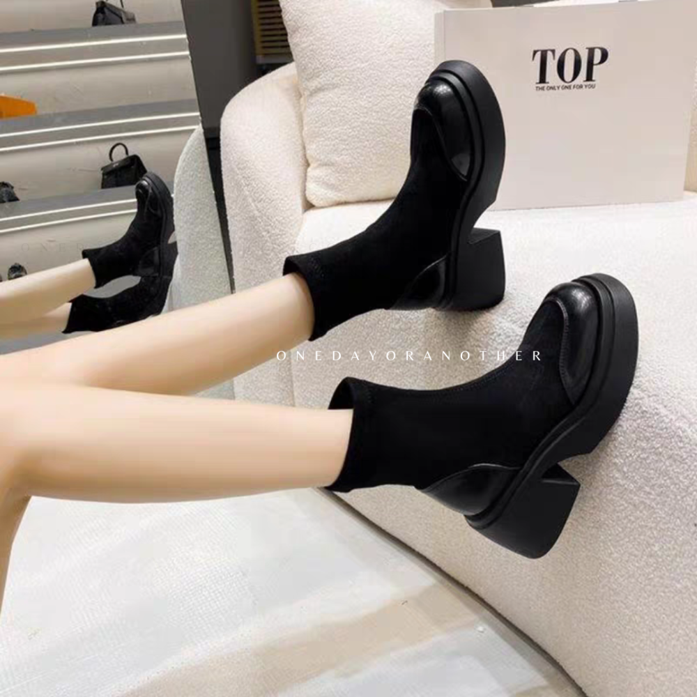 大尺碼36-42 素面絨布拼接皮革粗跟短靴 中筒靴 厚底靴 增高靴 粗跟鞋 騎士靴 馬丁靴 靴子 厚底短靴 6919-細節圖8