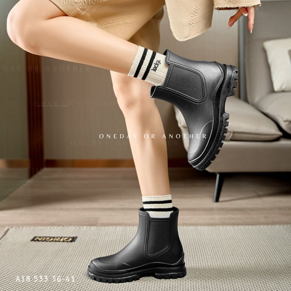 日系素面拼接厚底切爾西靴 防水雨靴 橡膠雨靴 女鞋 鞋子 靴子 雨靴 女生雨靴 防水鞋 防滑雨靴 皮靴 短靴 533-細節圖2