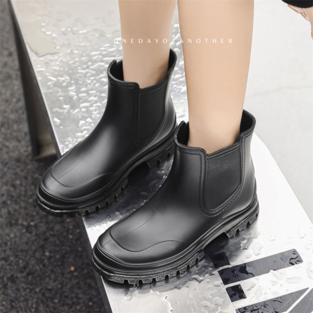 日系素面拼接厚底切爾西靴 防水雨靴 橡膠雨靴 女鞋 鞋子 靴子 雨靴 女生雨靴 防水鞋 防滑雨靴 皮靴 短靴 533-細節圖9