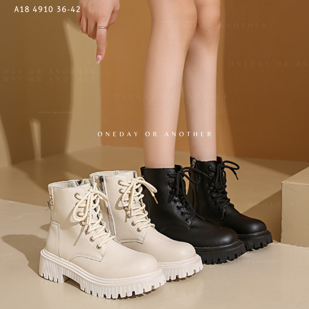 大尺碼36-42 大牌感厚底粗跟短靴 馬丁靴 女鞋 鞋子 綁帶中筒馬丁鞋 粗跟短靴 英倫靴 厚底靴 瘦瘦靴 皮靴4910-細節圖2