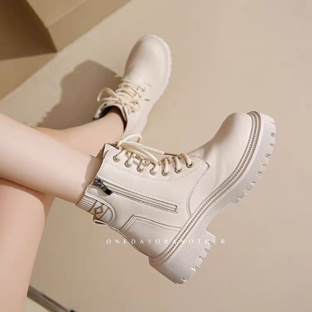 大尺碼36-42 大牌感厚底粗跟短靴 馬丁靴 女鞋 鞋子 綁帶中筒馬丁鞋 粗跟短靴 英倫靴 厚底靴 瘦瘦靴 皮靴4910-細節圖5