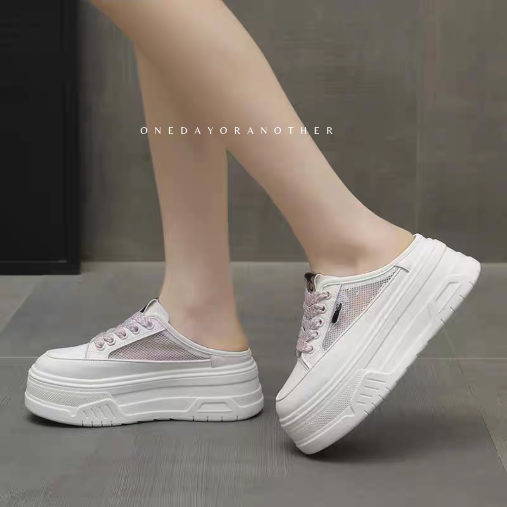 厚底小白鞋 側邊網面透氣 半拖鞋 懶人鞋 包頭拖鞋 懶人半拖 穆勒鞋 厚底拖鞋 包頭拖鞋 休閒鞋 餅乾鞋 百搭819-1-細節圖3