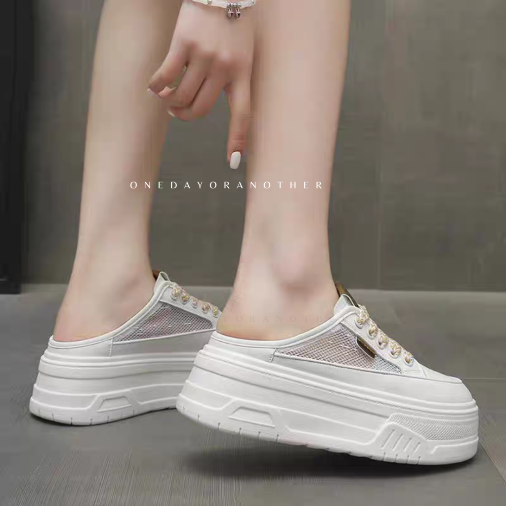 厚底小白鞋 側邊網面透氣 半拖鞋 懶人鞋 包頭拖鞋 懶人半拖 穆勒鞋 厚底拖鞋 包頭拖鞋 休閒鞋 餅乾鞋 百搭819-1-細節圖4