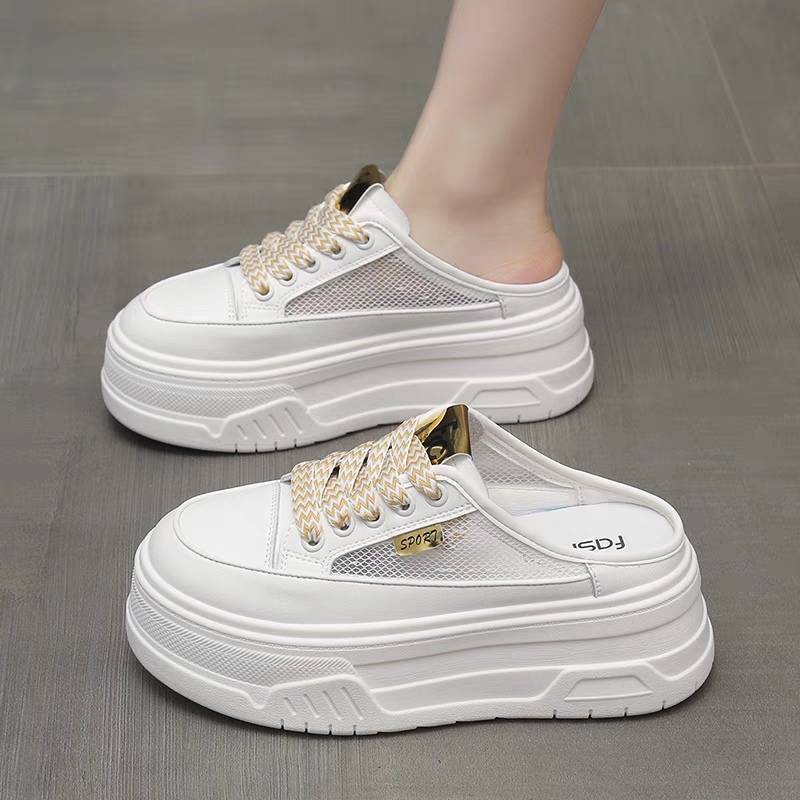 厚底小白鞋 側邊網面透氣 半拖鞋 懶人鞋 包頭拖鞋 懶人半拖 穆勒鞋 厚底拖鞋 包頭拖鞋 休閒鞋 餅乾鞋 百搭819-1-細節圖6