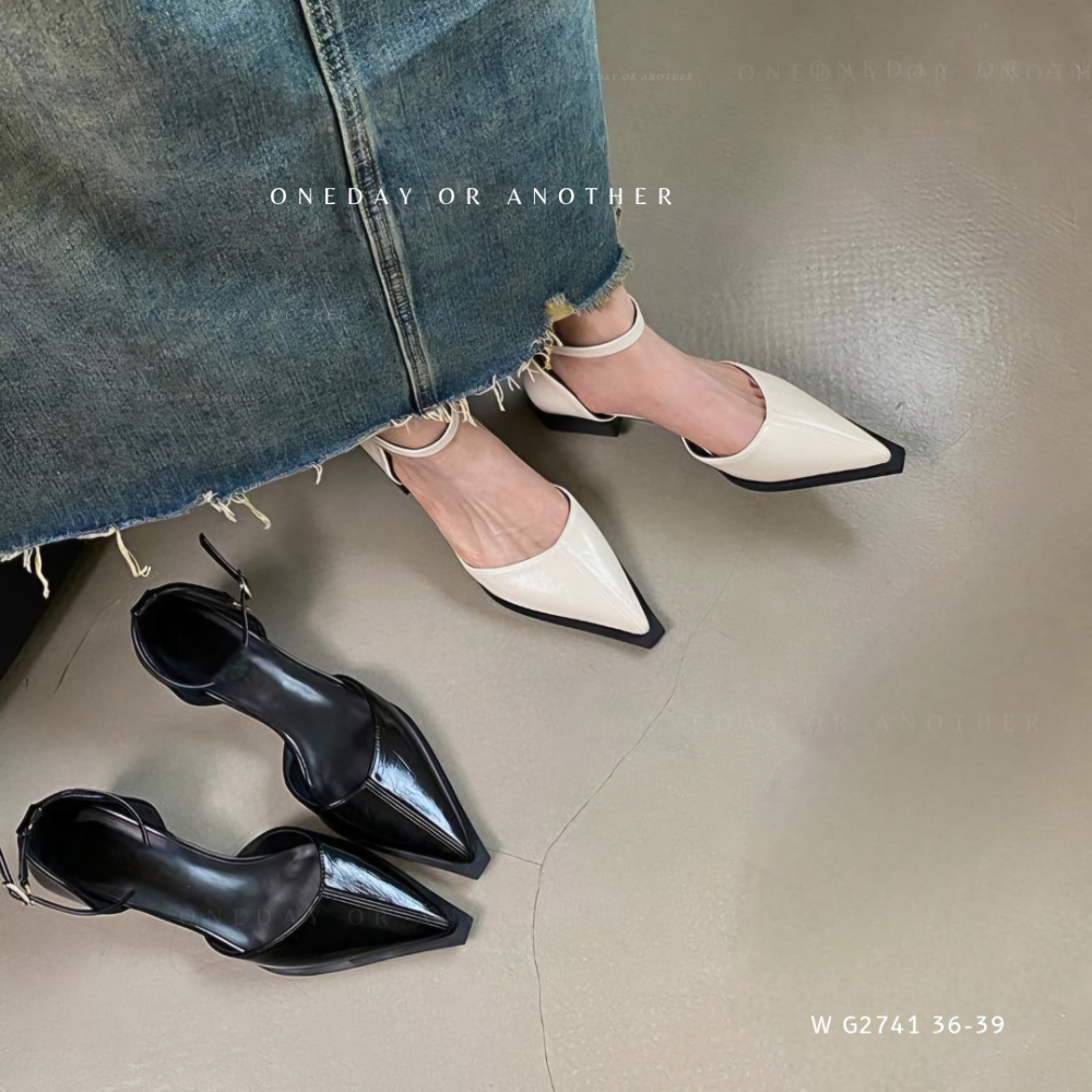 素面皮革一字帶金屬釦尖頭包鞋 尖頭鞋 OL鞋 純色 女鞋 工作鞋 粗跟鞋 淺口 百搭 面試鞋 尖頭跟鞋 低跟鞋G2714-細節圖2