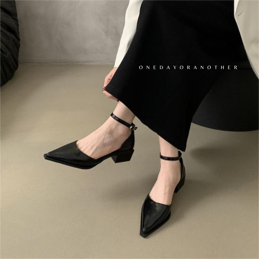 素面皮革一字帶金屬釦尖頭包鞋 尖頭鞋 OL鞋 純色 女鞋 工作鞋 粗跟鞋 淺口 百搭 面試鞋 尖頭跟鞋 低跟鞋G2714-細節圖7