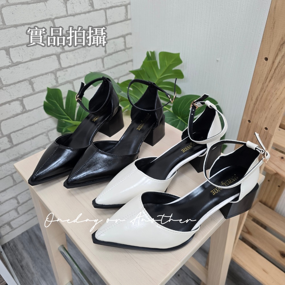 素面皮革一字帶金屬釦尖頭包鞋 尖頭鞋 OL鞋 純色 女鞋 工作鞋 粗跟鞋 淺口 百搭 面試鞋 尖頭跟鞋 低跟鞋G2714-細節圖10