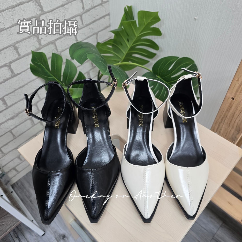 素面皮革一字帶金屬釦尖頭包鞋 尖頭鞋 OL鞋 純色 女鞋 工作鞋 粗跟鞋 淺口 百搭 面試鞋 尖頭跟鞋 低跟鞋G2714-細節圖11