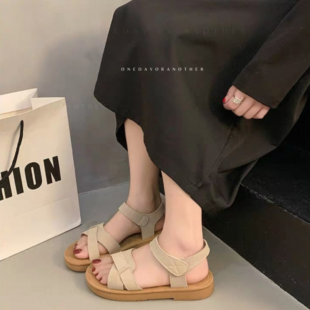 羅馬涼鞋 超軟Q 橡膠止滑底 魔鬼氈好穿脫 夏日涼鞋 休閒百搭 一字寬帶 魔鬼氈沙灘鞋 絨面平底鞋羅馬鞋 舒適 2683-細節圖5