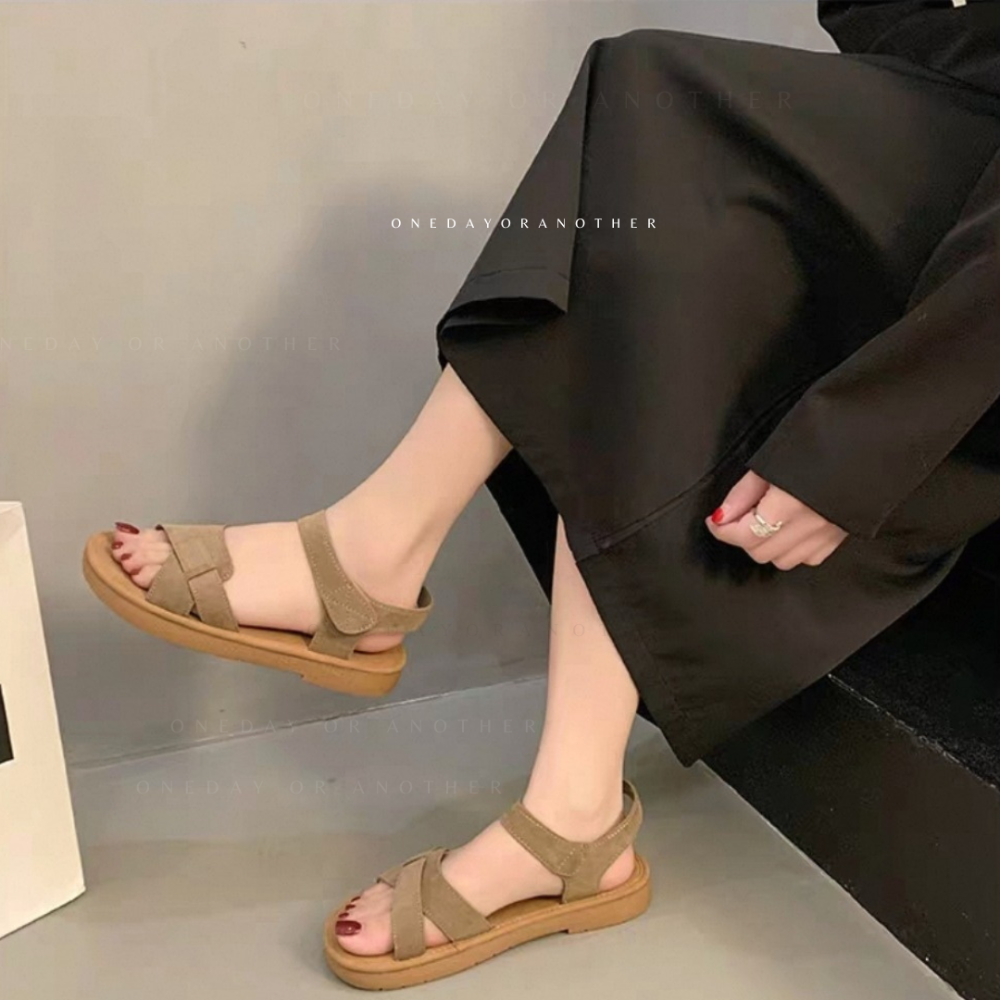 羅馬涼鞋 超軟Q 橡膠止滑底 魔鬼氈好穿脫 夏日涼鞋 休閒百搭 一字寬帶 魔鬼氈沙灘鞋 絨面平底鞋羅馬鞋 舒適 2683-細節圖7