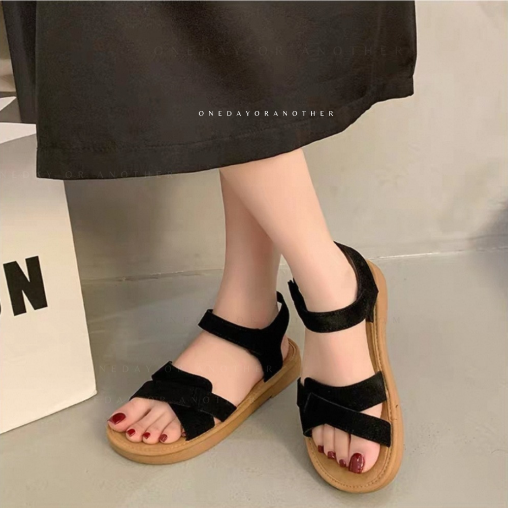 羅馬涼鞋 超軟Q 橡膠止滑底 魔鬼氈好穿脫 夏日涼鞋 休閒百搭 一字寬帶 魔鬼氈沙灘鞋 絨面平底鞋羅馬鞋 舒適 2683-細節圖8