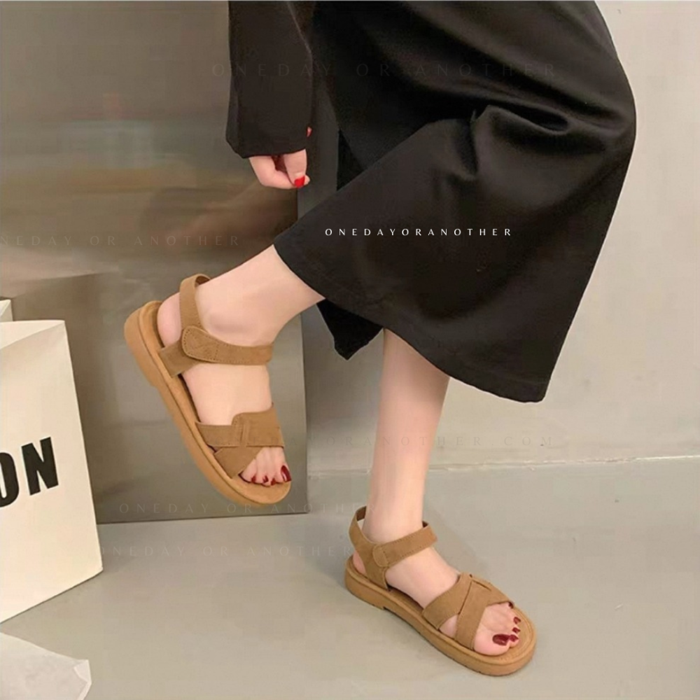 羅馬涼鞋 超軟Q 橡膠止滑底 魔鬼氈好穿脫 夏日涼鞋 休閒百搭 一字寬帶 魔鬼氈沙灘鞋 絨面平底鞋羅馬鞋 舒適 2683-細節圖11