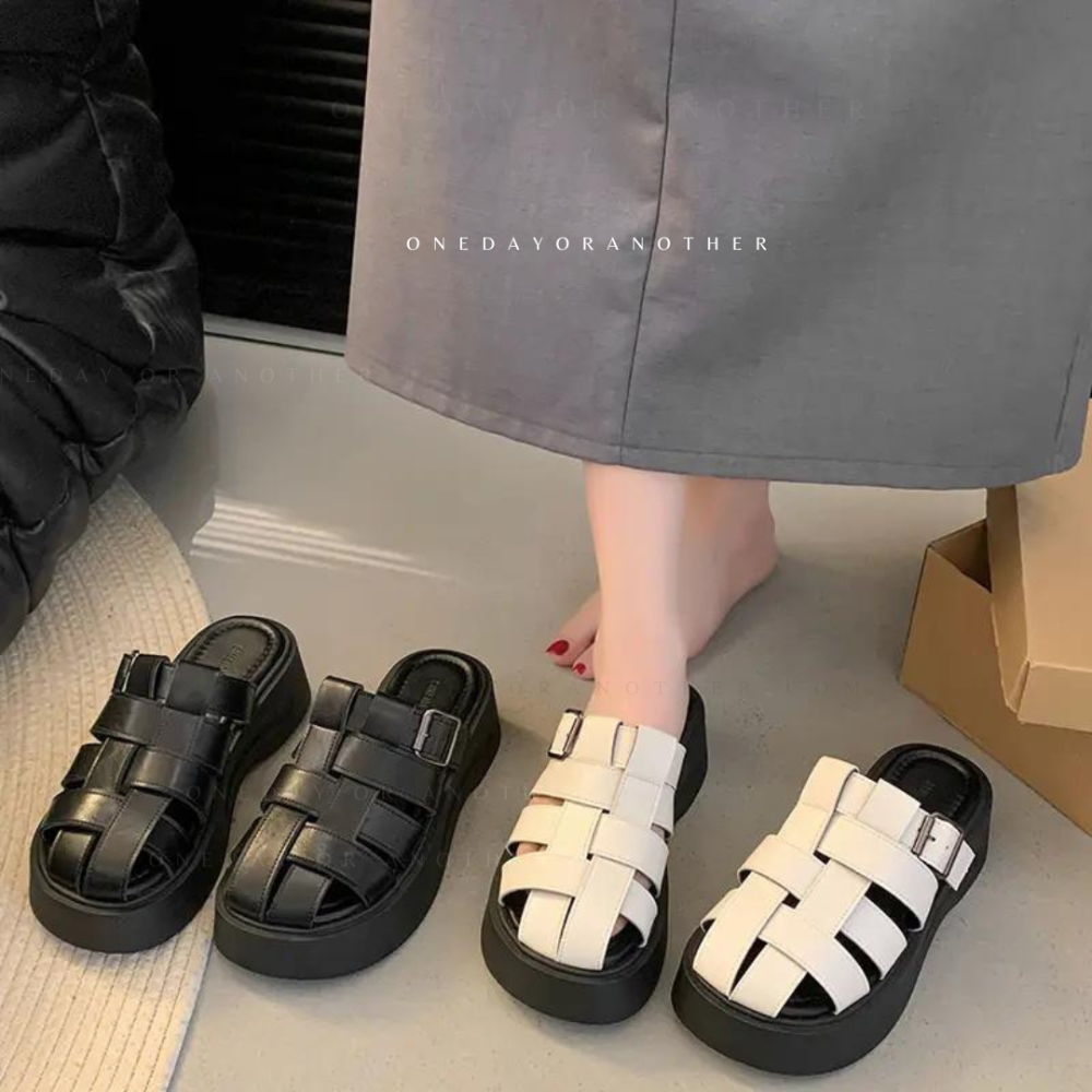 厚底包頭編織半拖鞋 包頭鞋 穆勒鞋 厚底鞋 拖鞋 涼鞋 半拖鞋 懶人鞋 女鞋 休閒鞋 包頭半拖鞋 平底穆勒鞋 G3358-細節圖3