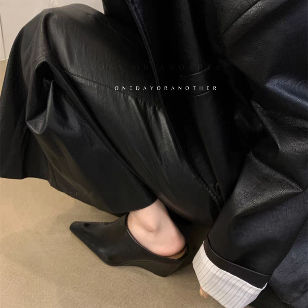 素面皮革懶人穆勒鞋 軟皮小方頭 坡跟高跟涼拖鞋 時尚外穿涼拖鞋 懶人穆勒鞋 英倫鞋 休閒鞋 外穿拖鞋 半拖鞋 G1300-細節圖4