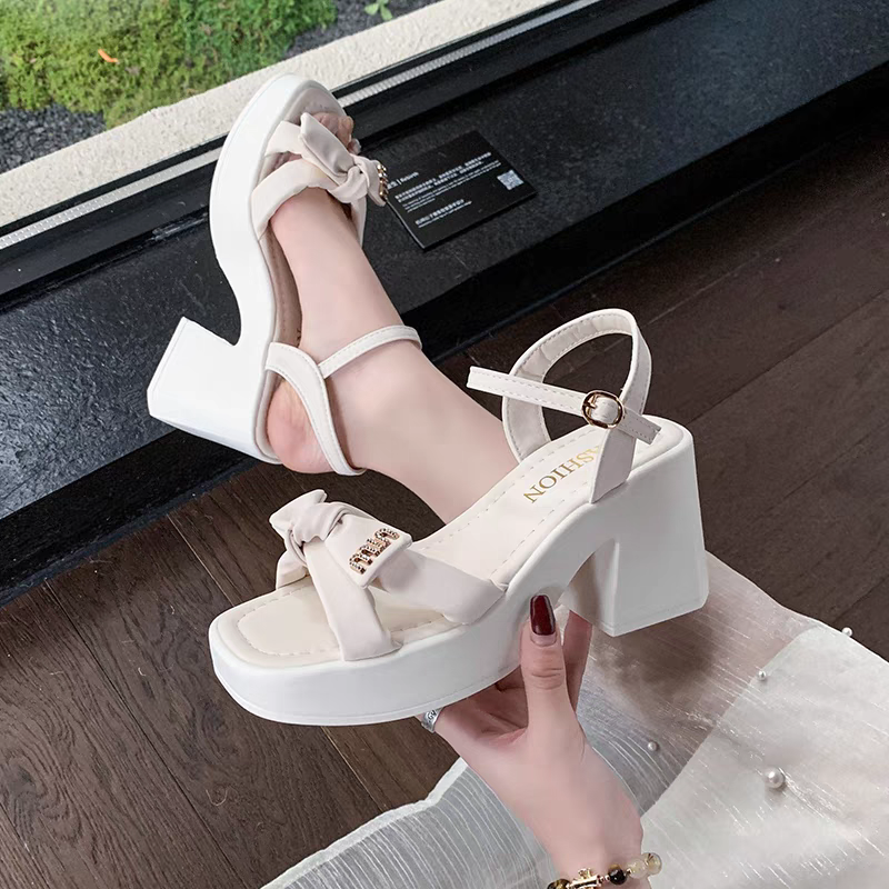 韓系厚底高跟涼鞋 女神氣質蝴蝶結涼鞋 百搭顯瘦羅馬鞋 兩色可選-細節圖6