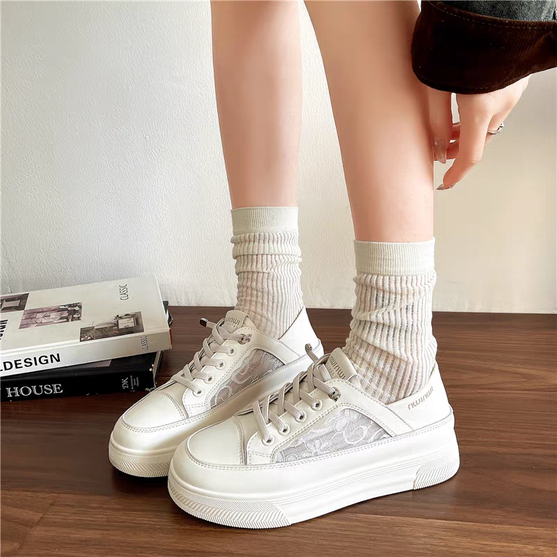 設計感厚底帆布鞋 可踩後跟 透氣蕾絲拼接休閒鞋 百搭增高小白鞋/黑鞋 一腳蹬 懶人鞋 踩腳鞋 休閒鞋 G8199-細節圖3