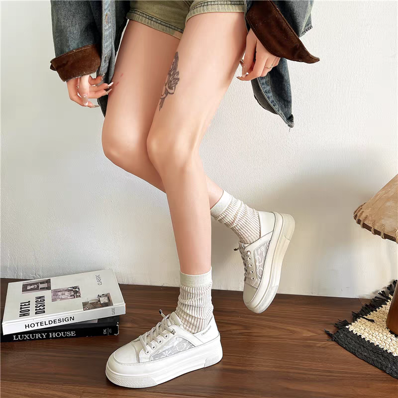 設計感厚底帆布鞋 可踩後跟 透氣蕾絲拼接休閒鞋 百搭增高小白鞋/黑鞋 一腳蹬 懶人鞋 踩腳鞋 休閒鞋 G8199-細節圖4