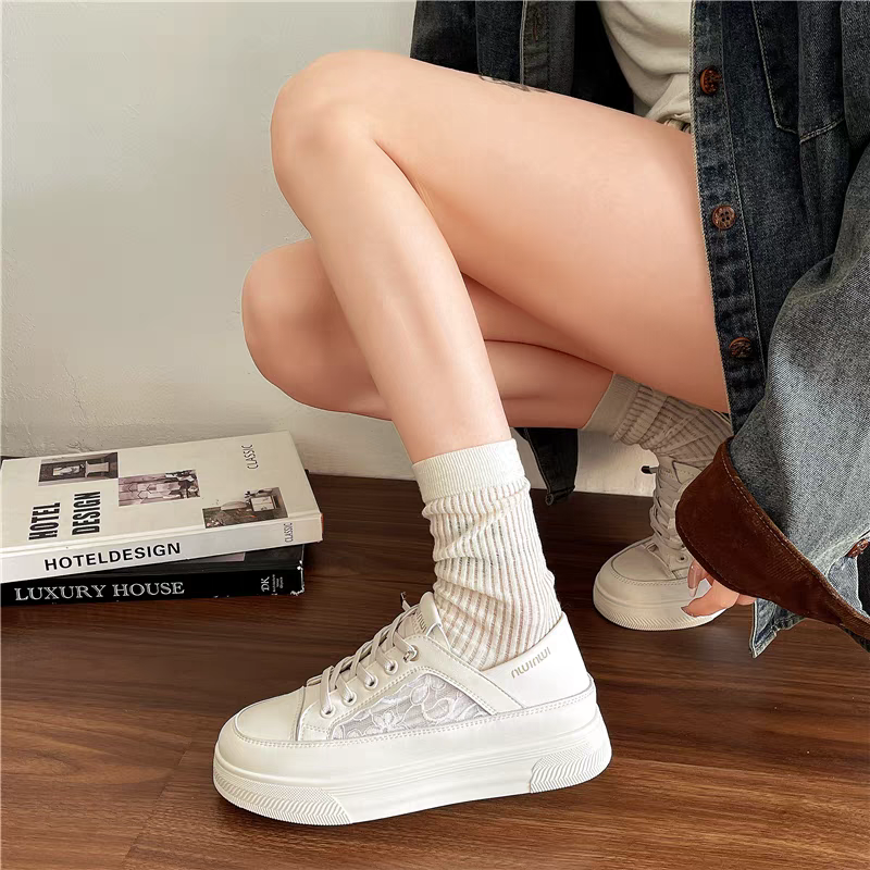 設計感厚底帆布鞋 可踩後跟 透氣蕾絲拼接休閒鞋 百搭增高小白鞋/黑鞋 一腳蹬 懶人鞋 踩腳鞋 休閒鞋 G8199-細節圖5