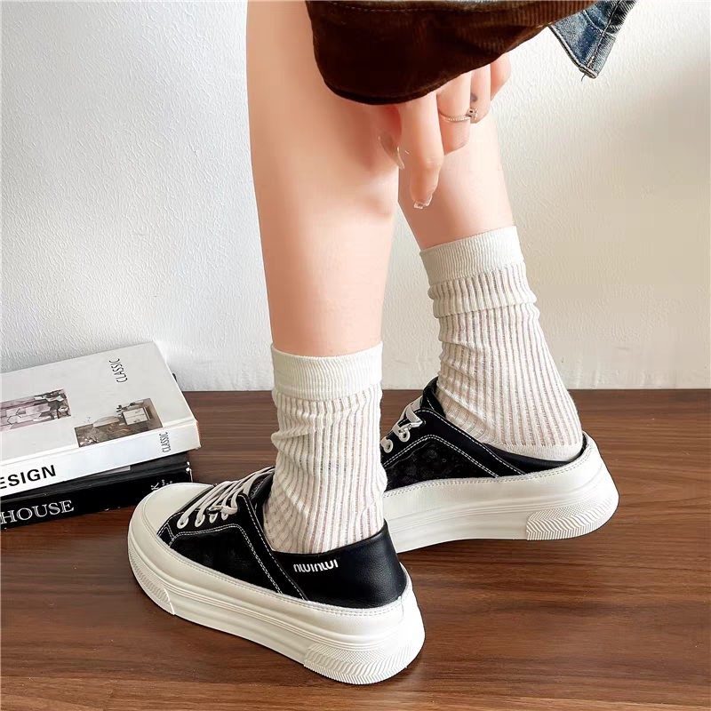 設計感厚底帆布鞋 可踩後跟 透氣蕾絲拼接休閒鞋 百搭增高小白鞋/黑鞋 一腳蹬 懶人鞋 踩腳鞋 休閒鞋 G8199-細節圖7