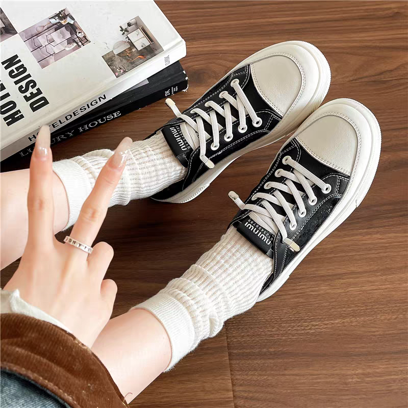 設計感厚底帆布鞋 可踩後跟 透氣蕾絲拼接休閒鞋 百搭增高小白鞋/黑鞋 一腳蹬 懶人鞋 踩腳鞋 休閒鞋 G8199-細節圖8