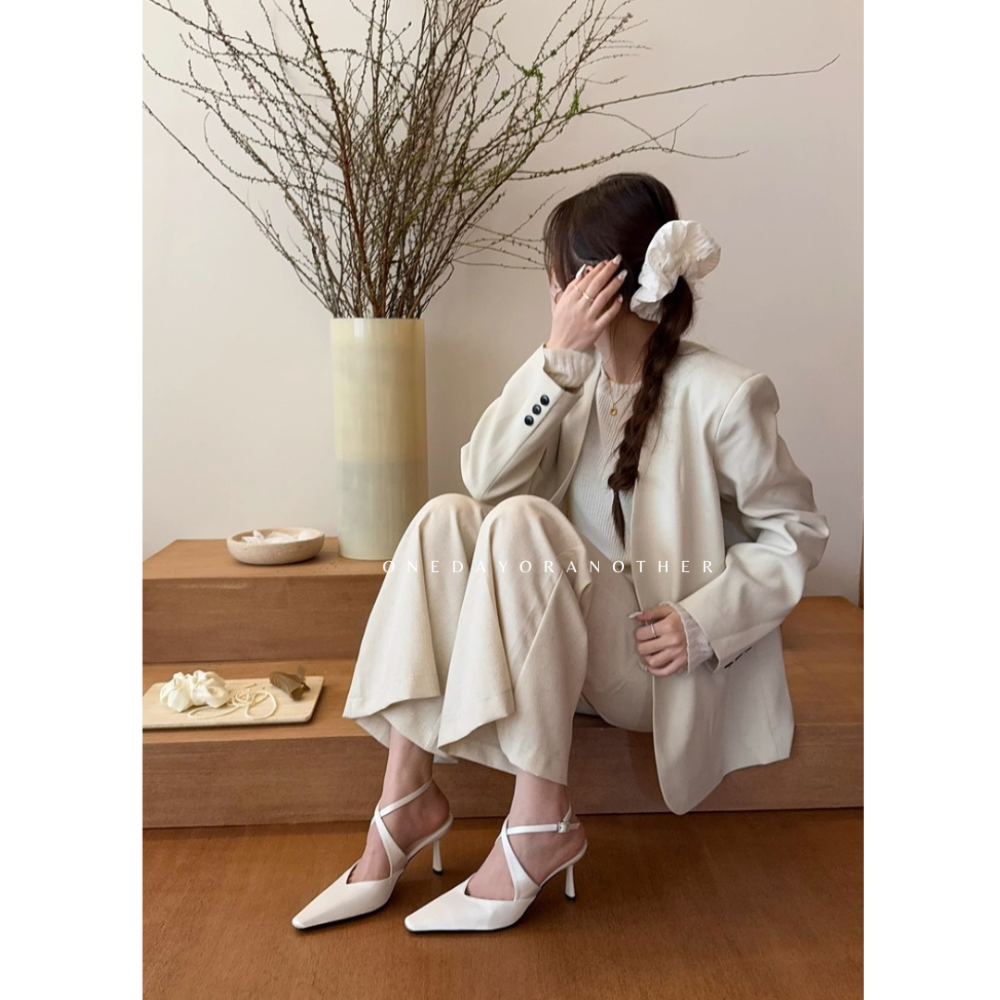 高級綢緞方頭綁帶高跟鞋 包頭鞋 韓版 復古 粗跟鞋 OL鞋 純色 百搭 前包後帶 高跟 尖頭鞋 百搭 高跟涼鞋G3788-細節圖4