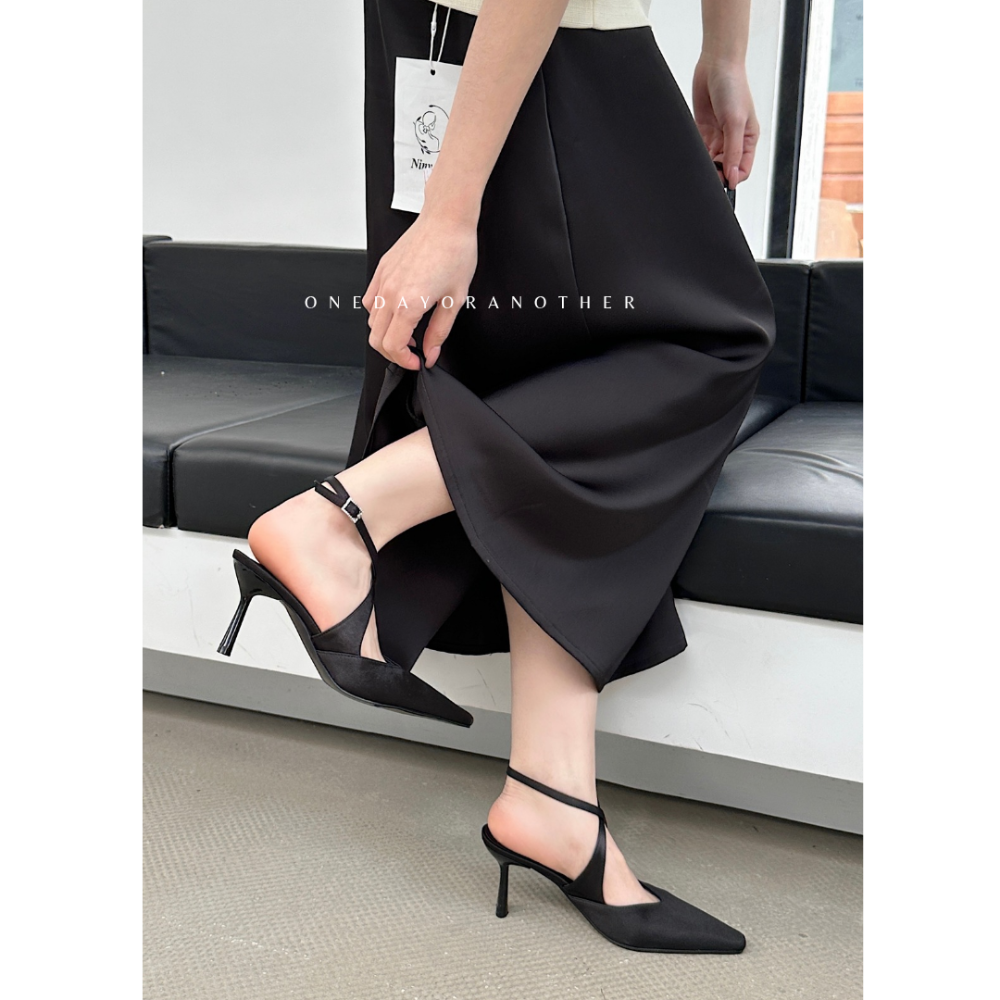 高級綢緞方頭綁帶高跟鞋 包頭鞋 韓版 復古 粗跟鞋 OL鞋 純色 百搭 前包後帶 高跟 尖頭鞋 百搭 高跟涼鞋G3788-細節圖7