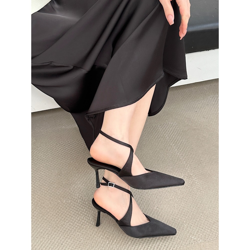 高級綢緞方頭綁帶高跟鞋 包頭鞋 韓版 復古 粗跟鞋 OL鞋 純色 百搭 前包後帶 高跟 尖頭鞋 百搭 高跟涼鞋G3788-細節圖8