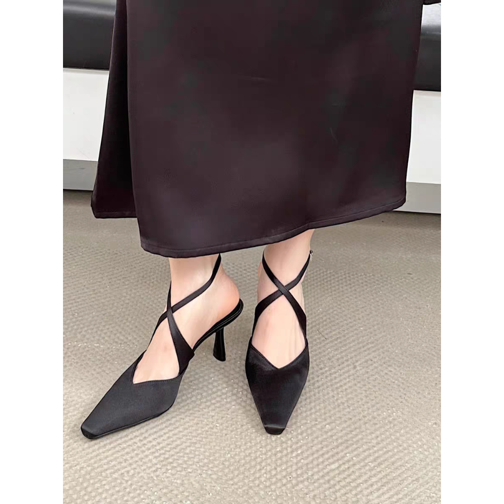 高級綢緞方頭綁帶高跟鞋 包頭鞋 韓版 復古 粗跟鞋 OL鞋 純色 百搭 前包後帶 高跟 尖頭鞋 百搭 高跟涼鞋G3788-細節圖9