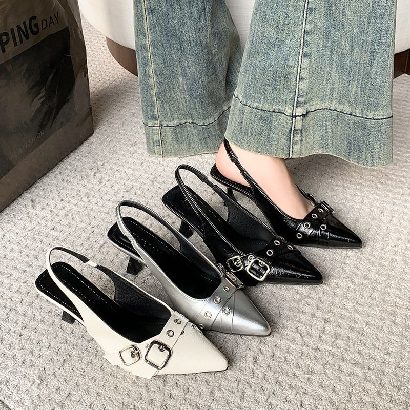 韓版 韓國 尖頭 皮帶 繫帶 一字 淺口 尖頭高跟鞋 粗跟鞋 粗跟涼鞋 尖頭跟鞋 前包後空 百搭時尚 G9755-細節圖3