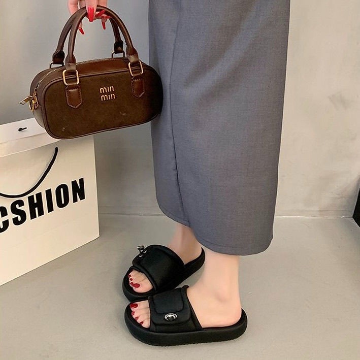 懶人涼鞋 女 厚底 拖鞋 韓系 百搭 一字拖 夏季 潮拖 防滑 軟底 休閒 涼拖鞋 黑色 白色 咖啡色 G6886-細節圖3