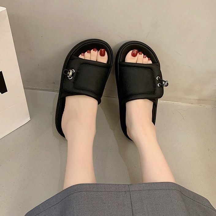 懶人涼鞋 女 厚底 拖鞋 韓系 百搭 一字拖 夏季 潮拖 防滑 軟底 休閒 涼拖鞋 黑色 白色 咖啡色 G6886-細節圖4